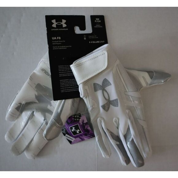 Under Armour 1370128 100 UA F8 Women Size LARGE Wht Silver Football Skill Gloves - Picture 2 of 11
